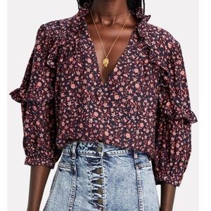 Frame Denim silk Floral Ruffle Blouse - Black and Pink